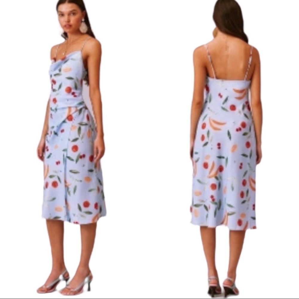 Finders Keepers CALYPSO MIDI DRESS size L US 8 blue with Allover fruit pattern